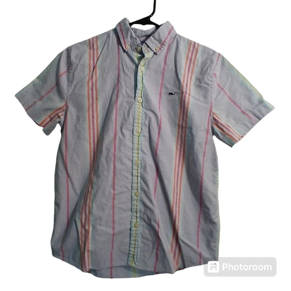 Vineyard Vines Dress Shirt Boys L (16) Blue Striped Short Sleeve Button Up